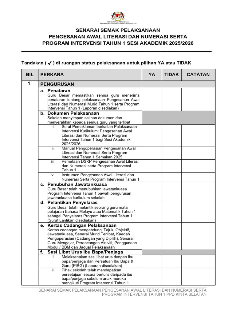Senarai Semak Pelaksanaan Program Intervensi Tahun 1 2025 | PDF