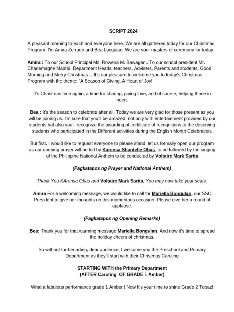 Christmas Program 2024 Script | PDF