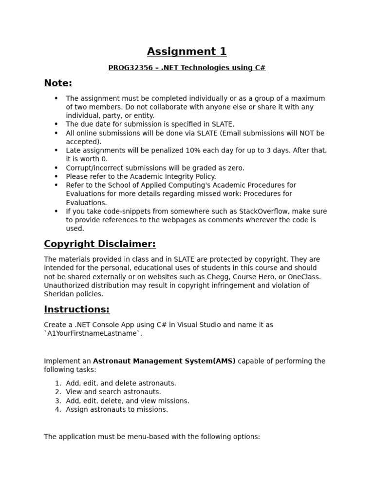Astronaut Management System Assignment | PDF | C Sharp (Programming ...