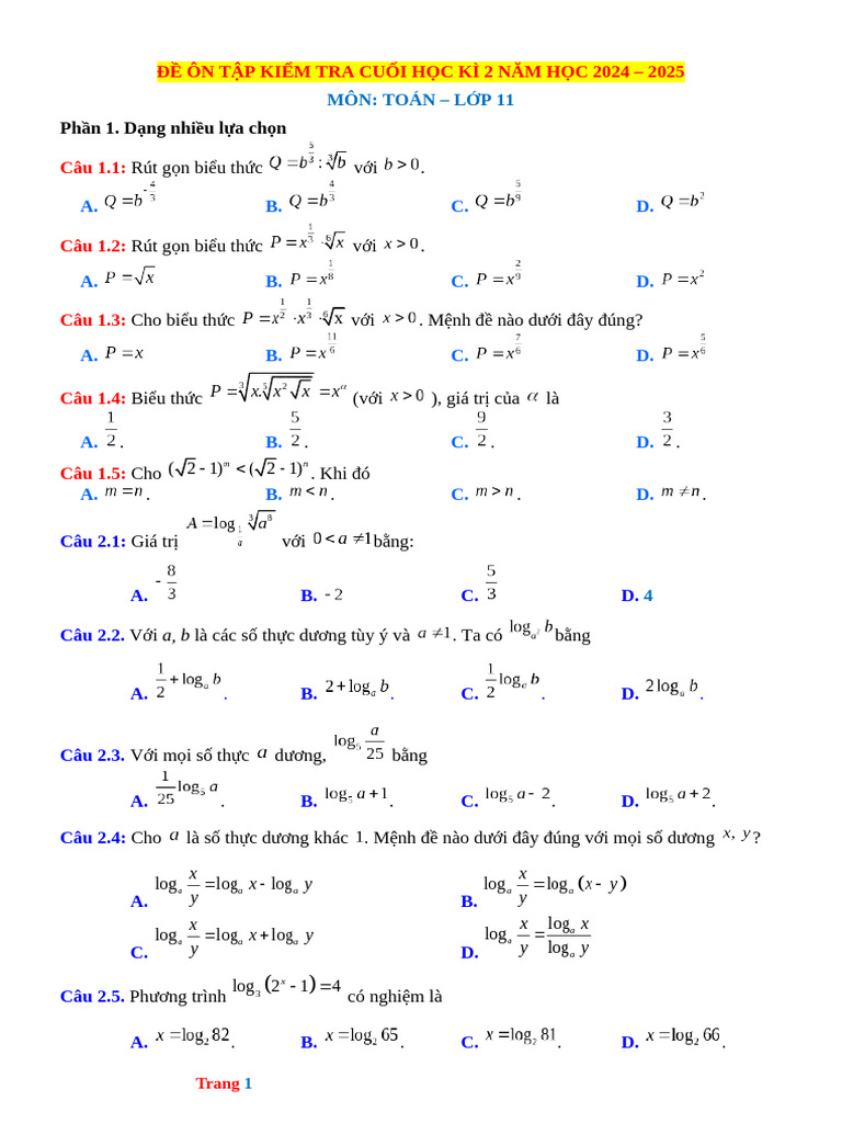 Bo de Kiem Tra Cuoi HK2 Toan 11 CTM 2025 | PDF