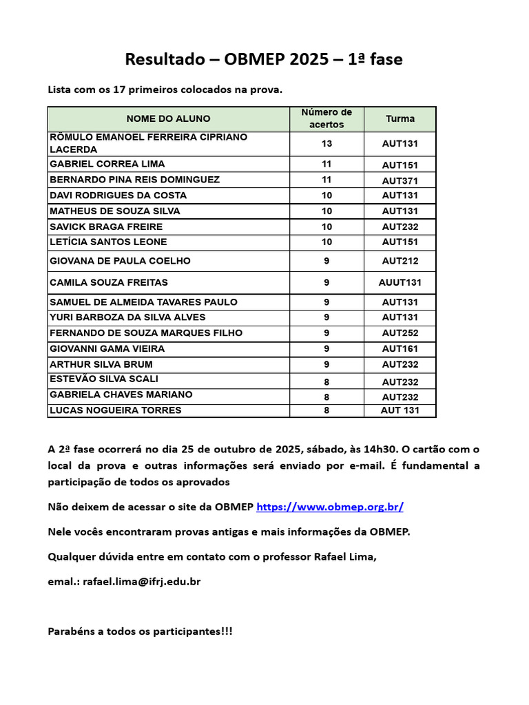 Resultados OBMEP 2025 - 1ª Fase | PDF