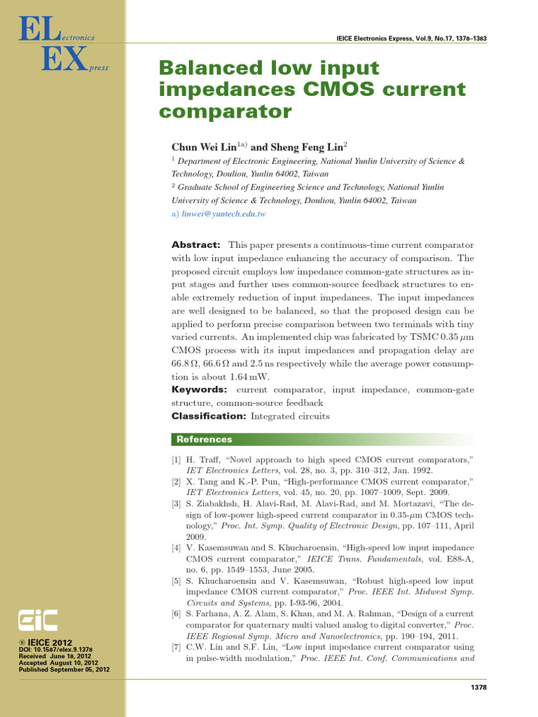 Low Input Impedance CMOS Comparator | PDF | Amplifier | Electronic Circuits