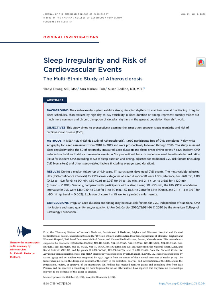 1 s2.0 S0735109720301625 Main | PDF | Cardiovascular Diseases | Sleep