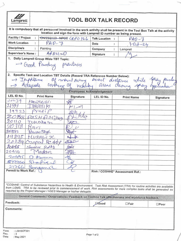 Tool Box Talk Record Template | PDF
