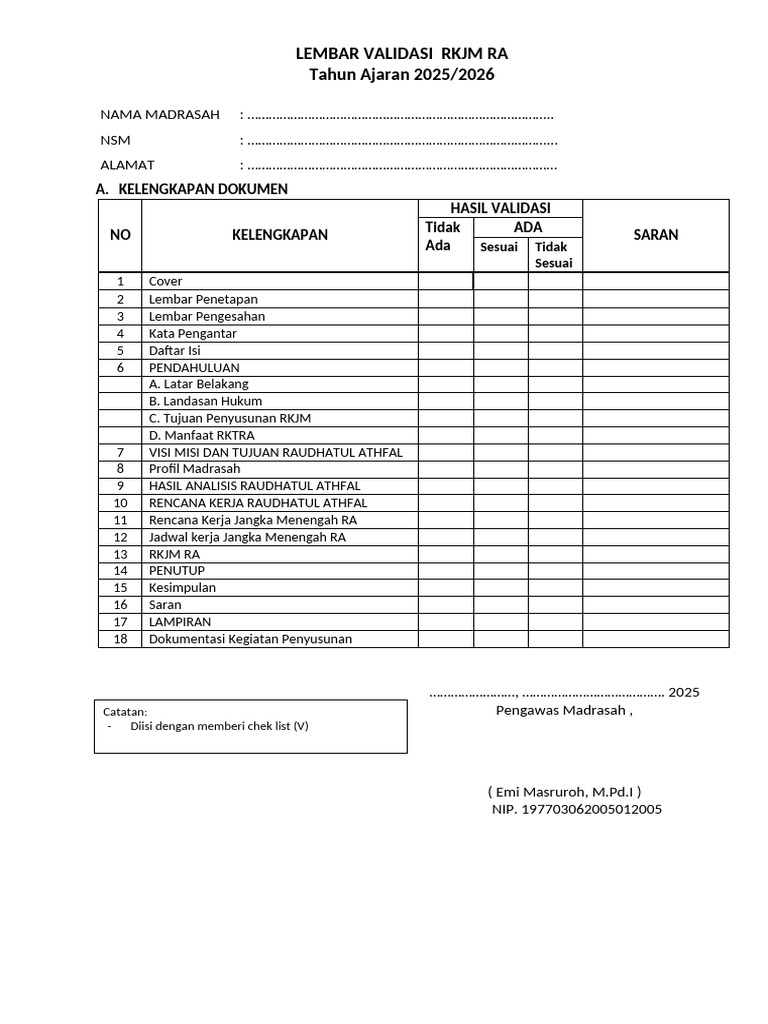 Lembar Validasi RKJM RA | PDF