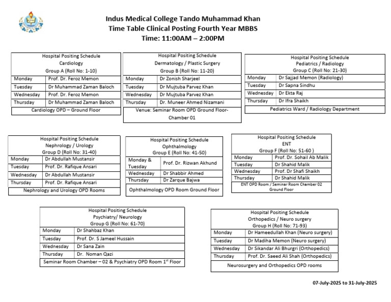 4th Year Clinical Time Table (July 19-2025 To 31-July-2025) | PDF ...