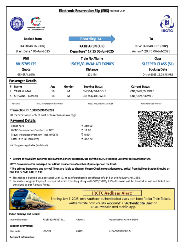 ERS Ticket Details for Train Journey | PDF | Identity Document | Payments
