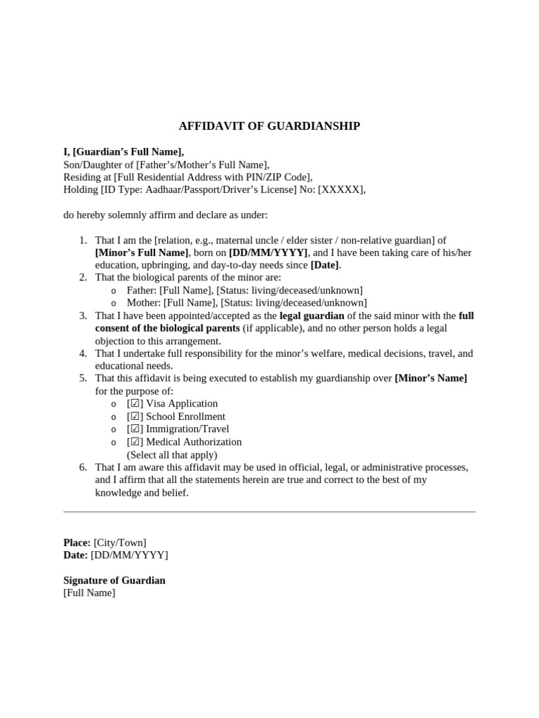 Affidavit of Guardianship Template | PDF