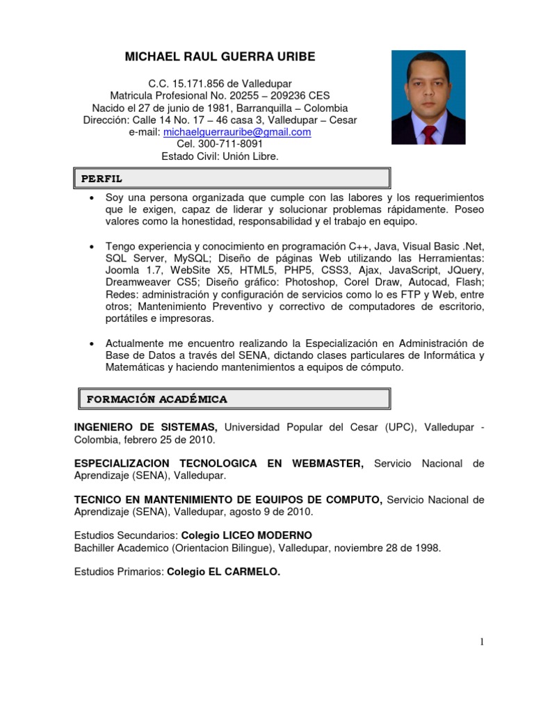 Ingeniero Sistemas Michael Guerra Curriculum Vitae Programacion Orientada A Objetos Microsoft