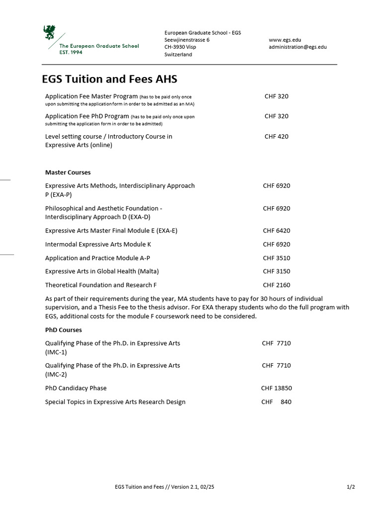 EGS Tuition and Fees AHS 2.1 | PDF | Doctor Of Philosophy | Vocational  Education