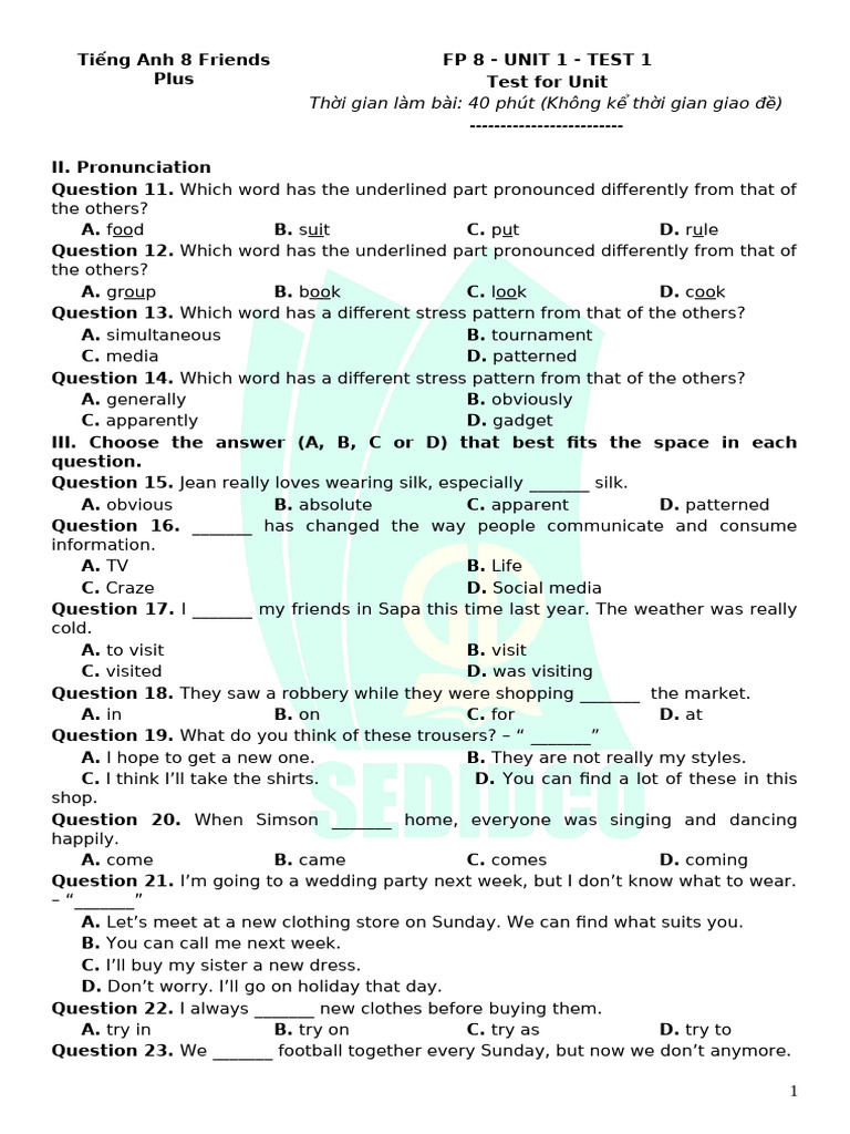English Test for Grade 8 Unit 1 | PDF | Adolescence | Fashion