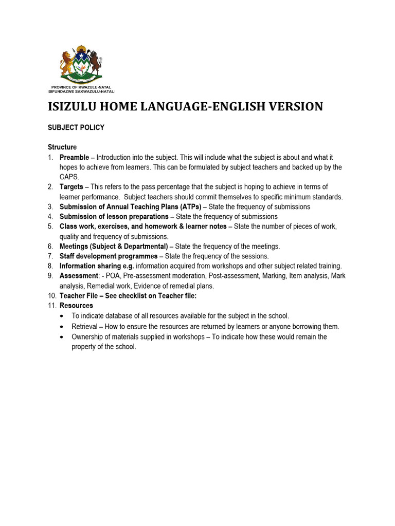 Isizulu Subject Policy Overview | PDF