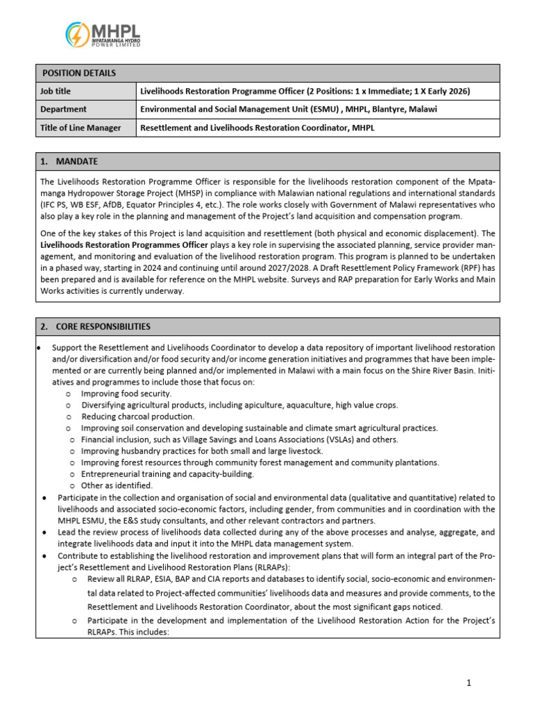 Livelihood Restoration Program Officer Role | PDF | Malawi | Mediation