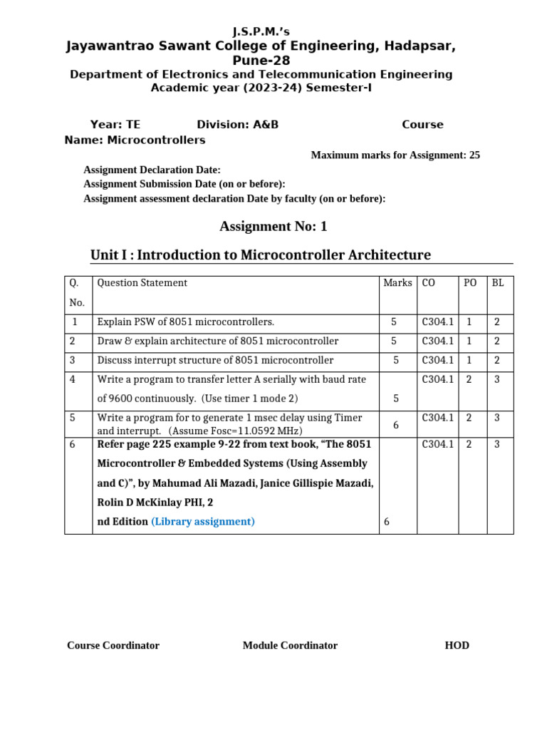 Microcontrollers Assignment TE 2023-24 | PDF