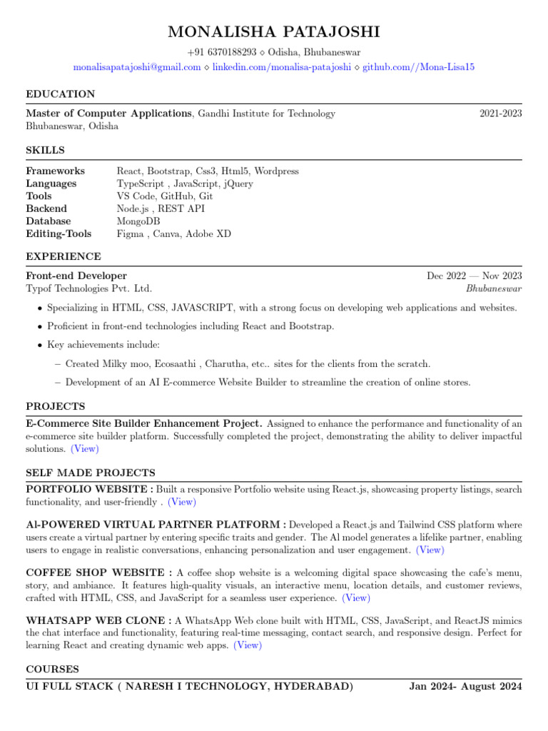 Front-End Developer Resume: Monalisa Patajoshi | PDF | Java Script ...