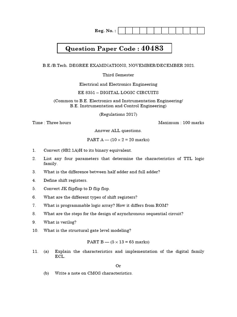 Digital Logic Circuits - EE8351 2017 Regulation - Question Paper 2021 ...