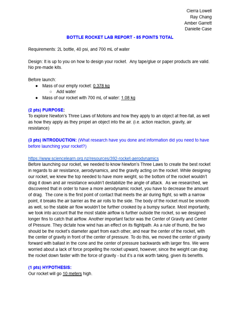 Bottle Rocket Lab Report | PDF | Force | Rocket