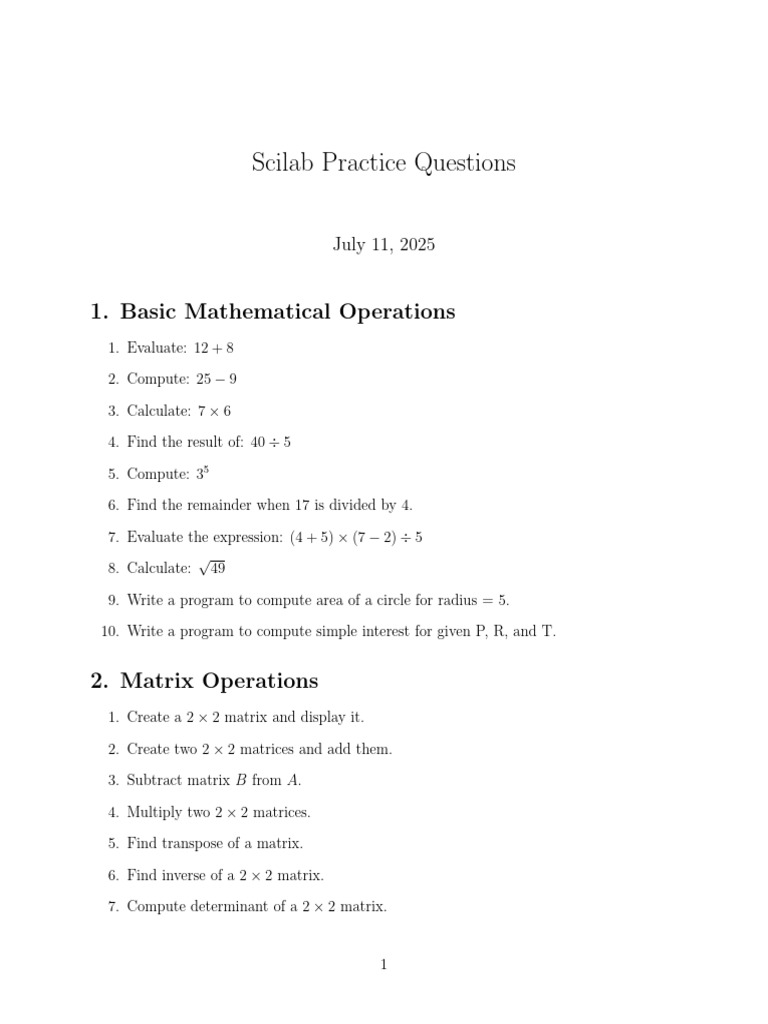 Scilab Practice Questions 2025 | PDF | Matrix (Mathematics ...