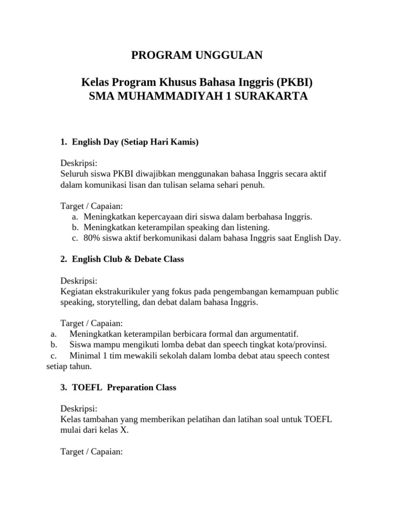 Program Khusus Bahasa Inggris SMA Muhammadiyah | PDF