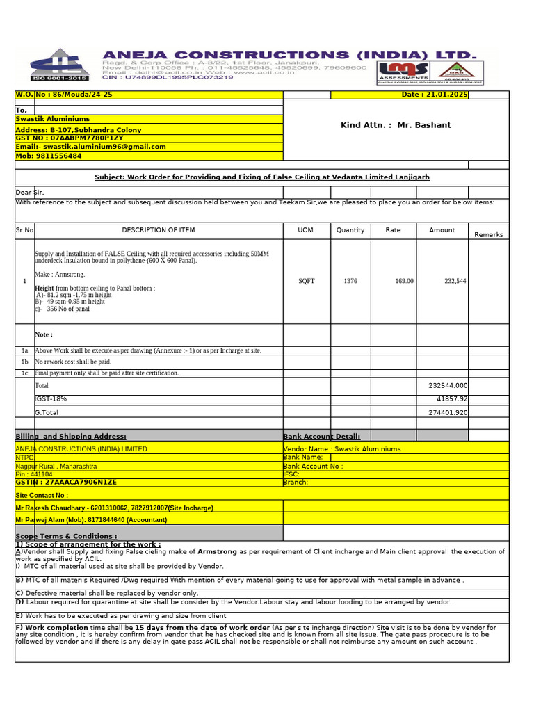 Work Order for False Ceiling Installation | PDF | Employment | Business
