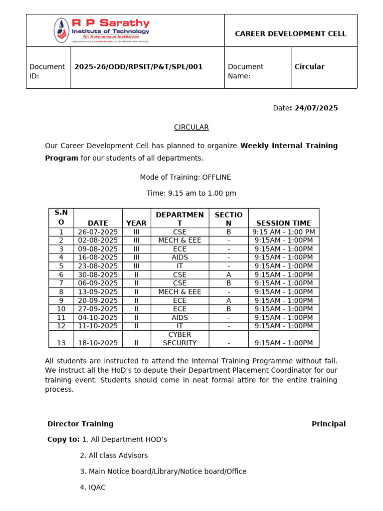 Internal Training Programme Circular | PDF