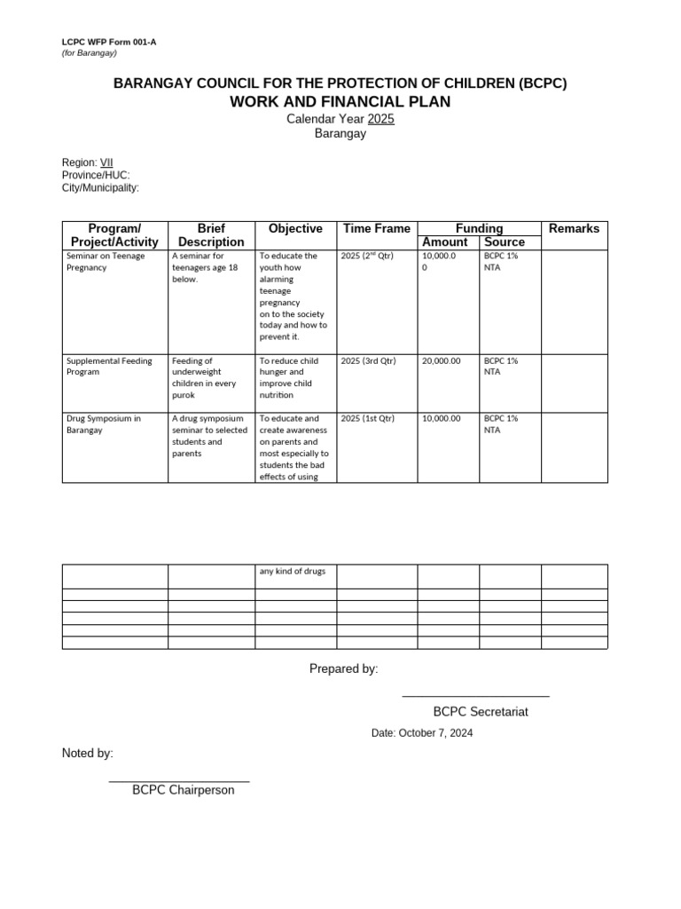 BCPC Work and Financial Plan 2025 | PDF