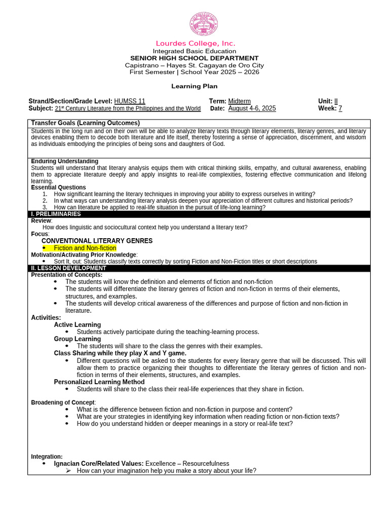 Learning Plan for 21st Century Literature | PDF | Genre | Learning