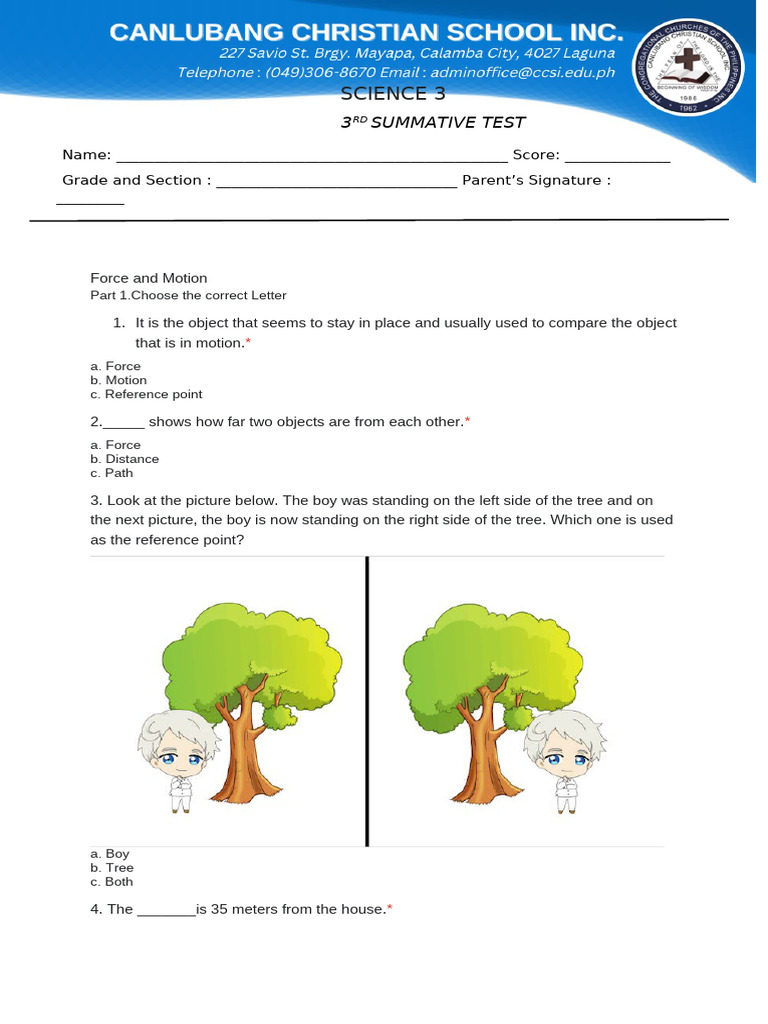 Force and Motion Test for 3rd Grade | PDF | Force | Physical Sciences