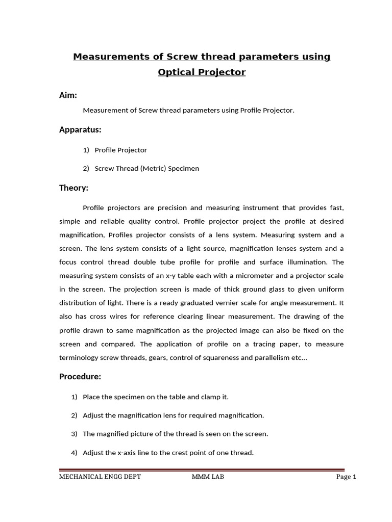 Measurement of Thread Parameters Using Profile Projector | PDF | Screw ...