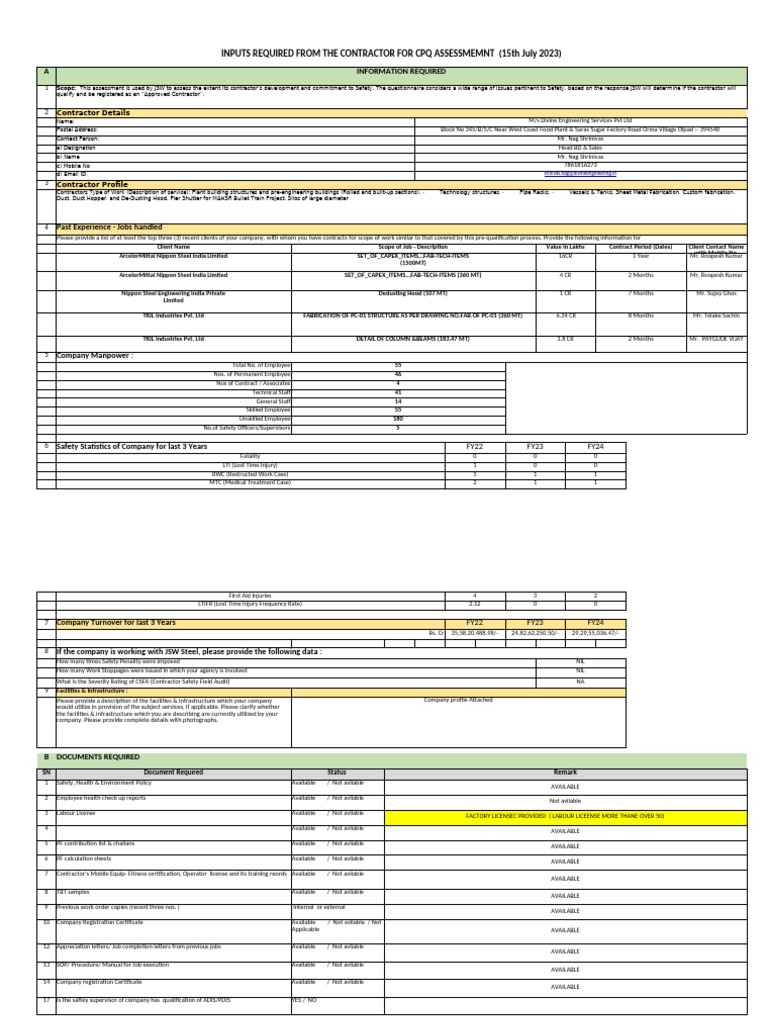 Contractor Inputs for JSW CPQ Assessment | PDF