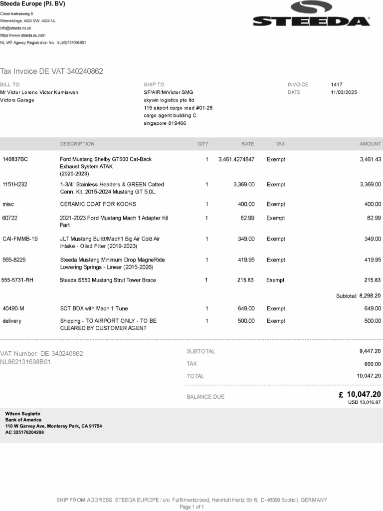 1417 Invoice Victors Garage - ACTIVE Exhaust Version | PDF