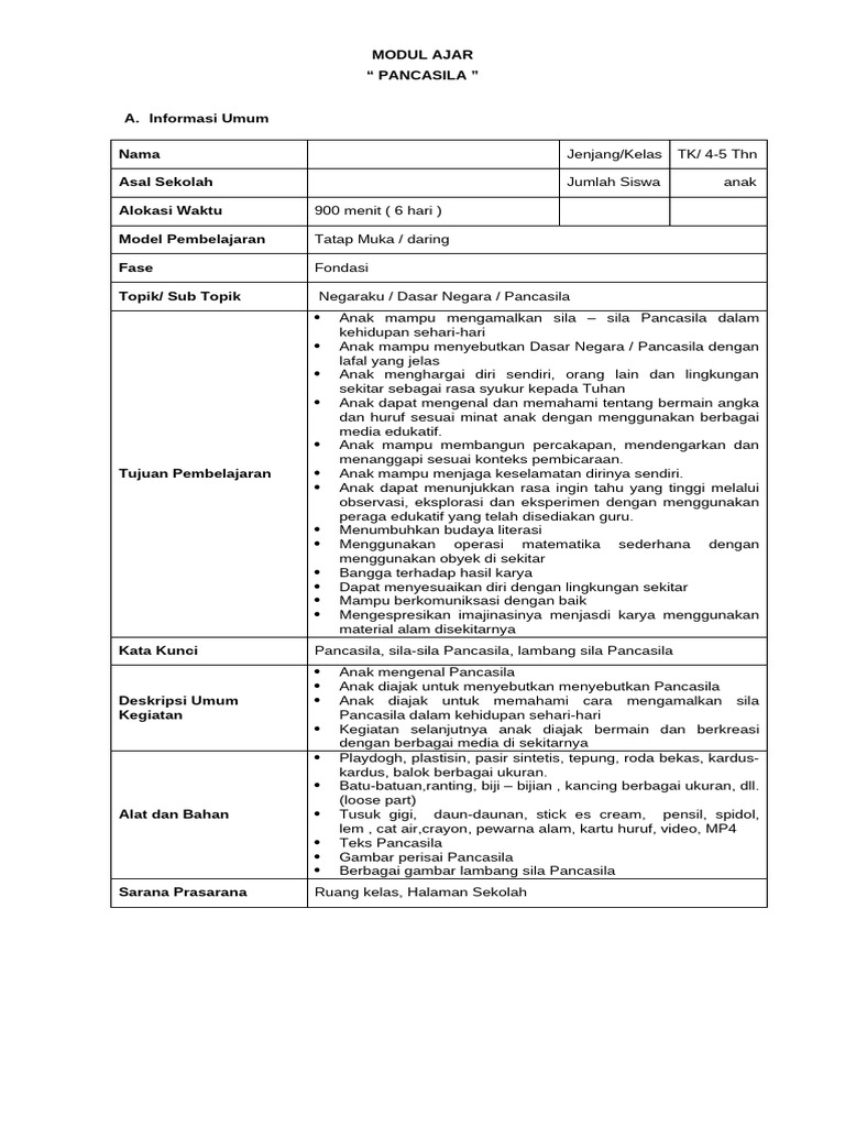 Modul Ajar Pancasila untuk TK | PDF | Seni & Disiplin Bahasa | Kajian ...