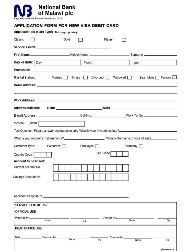 Visa Debit Card Application Form | PDF
