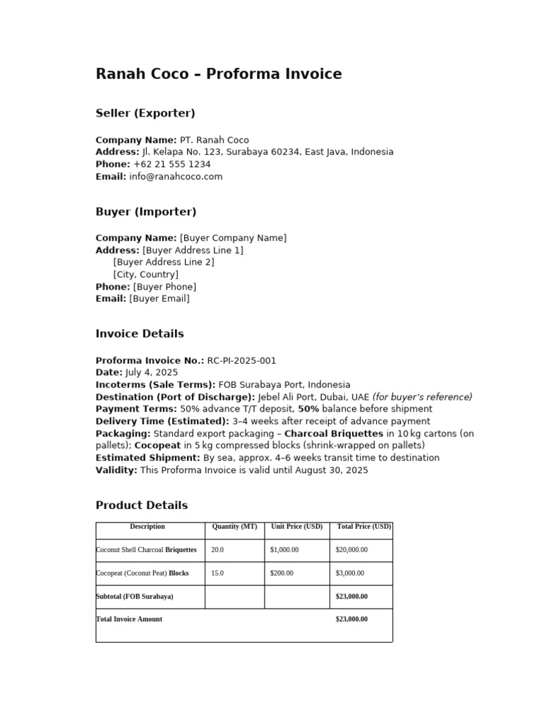 Proforma Invoice for Coco Products | PDF | Invoice | Receipt