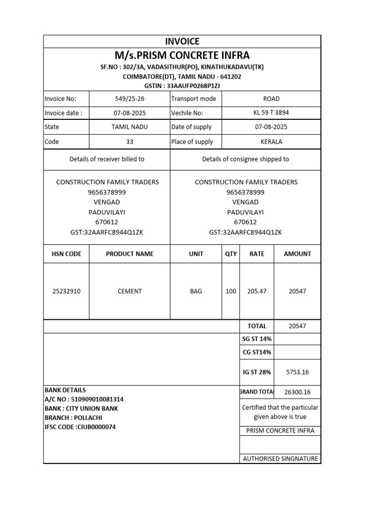 Cement Invoice for Construction Traders | PDF