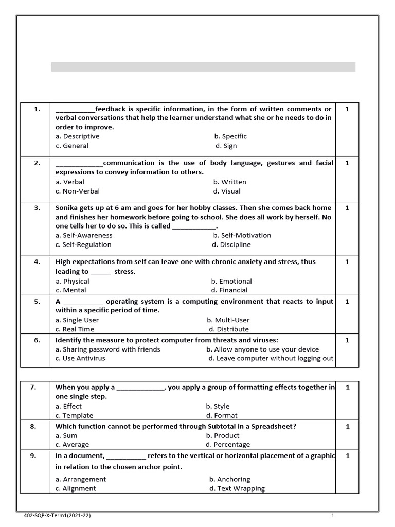 Class X IT Objective Questions | PDF | Spreadsheet | Worksheet