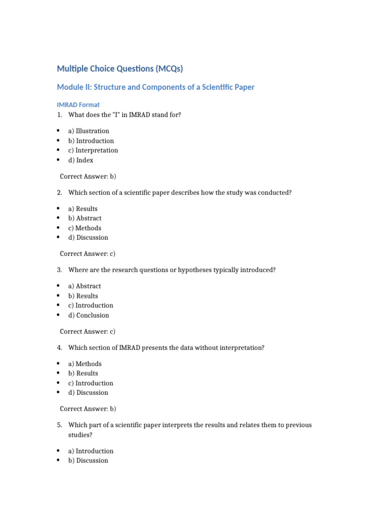 MCQs on Scientific Paper Structure | PDF | Abstract (Summary) | Citation