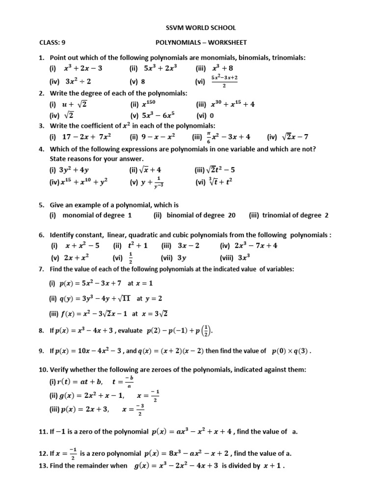 Class 9 Polynomial Worksheet | PDF | Factorization | Polynomial