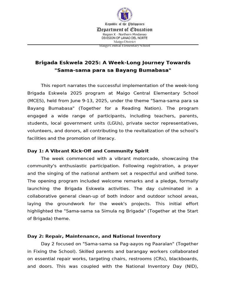 Brigada Eskwela 2025 Narrative Report | PDF | Teachers | Learning