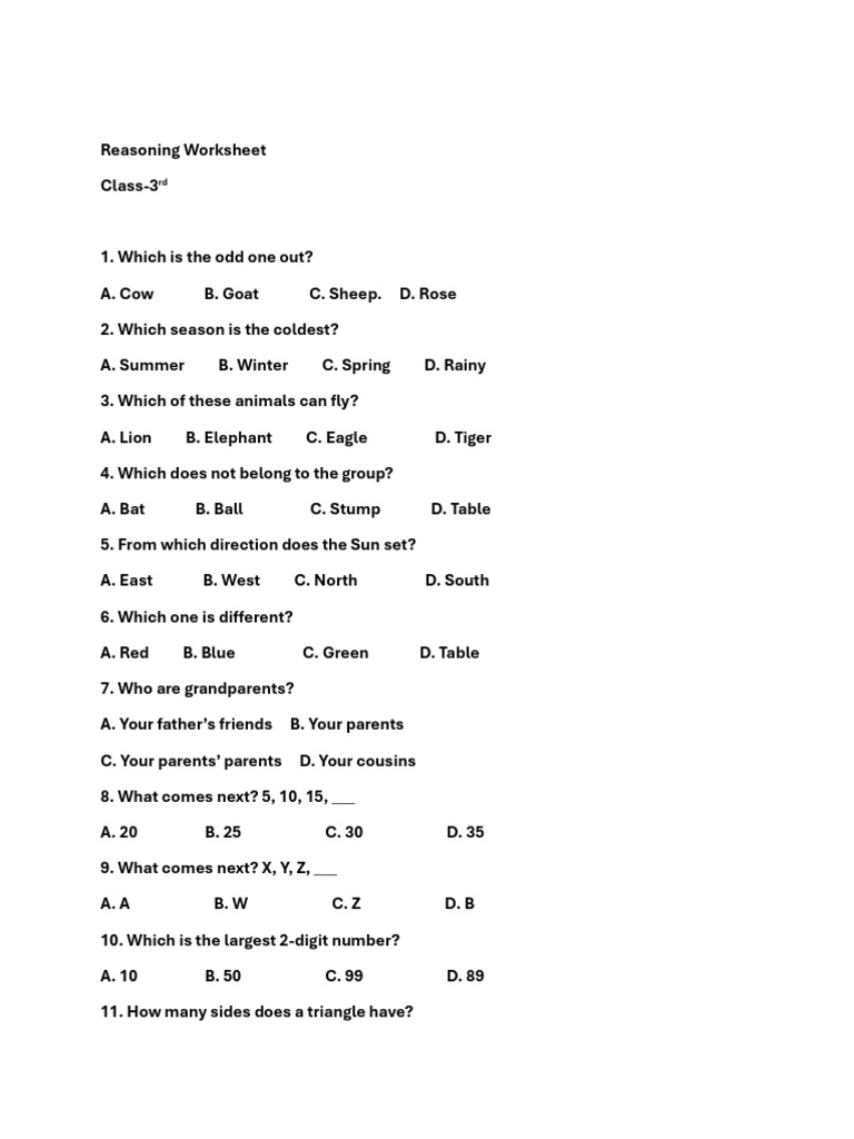 Class 3 Reasoning Worksheet | PDF