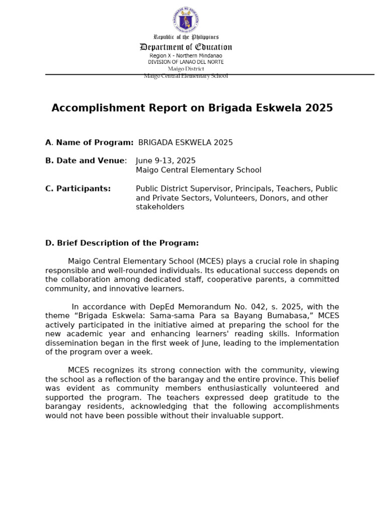 Brigada Eskwela 2025 Accomplishment Report | PDF | Volunteering | Teachers