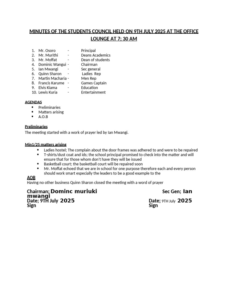 Students Council Meeting Minutes - July 2025 | PDF