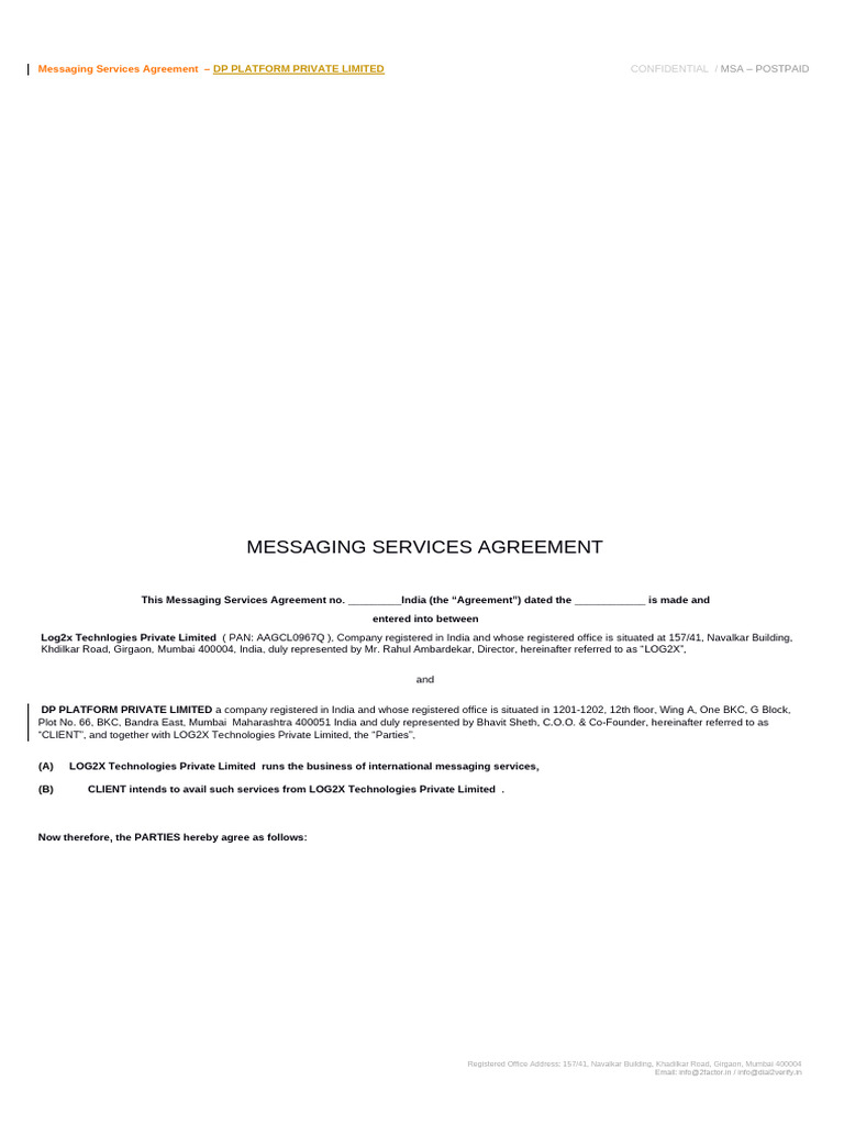 Messaging Services Agreement with LOG2X | PDF | Indemnity | Private Law