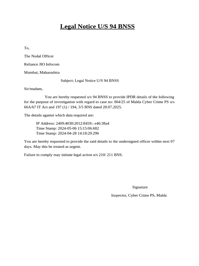 Legal Notice for IPDR Request | PDF