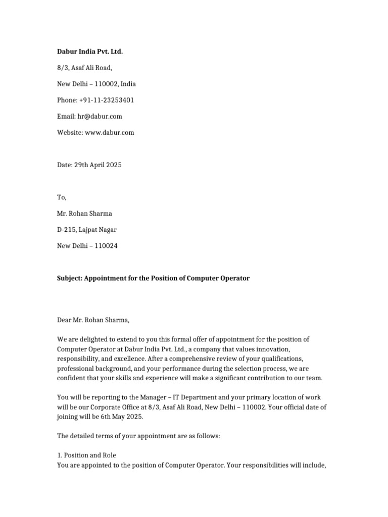 Appointment Letter Dabur Computer Operator | PDF | Employment | Business