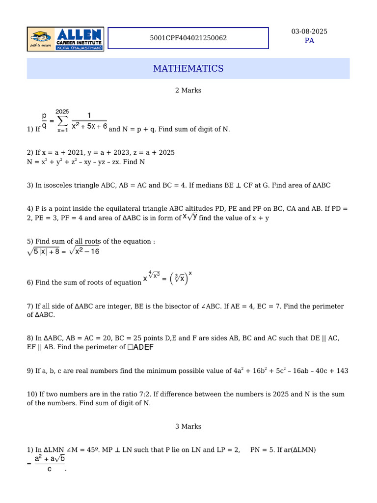 Mathematics Problem Set Solutions | PDF | Area | Circle