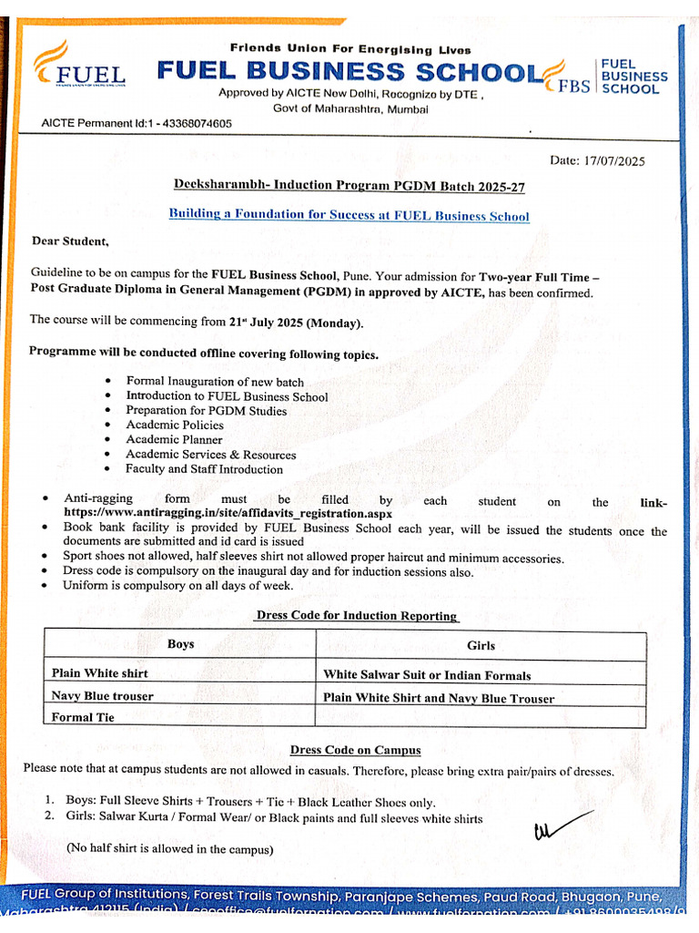 Deekshaarambh - Student Induction Program - PGDM Batch 2025-27 | PDF