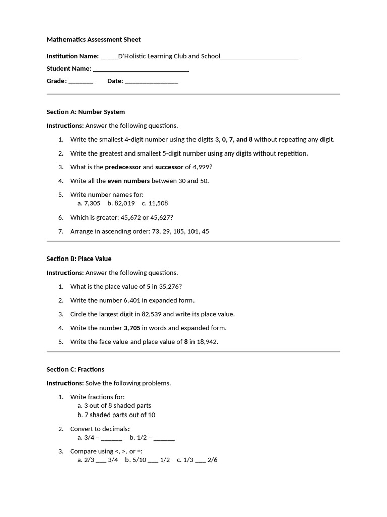 Mathematics Assessment Sheet Abu Bakar | PDF | Numbers | Odds