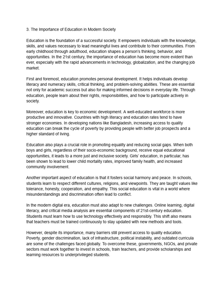Importance of Education in Modern Society | PDF | Literacy