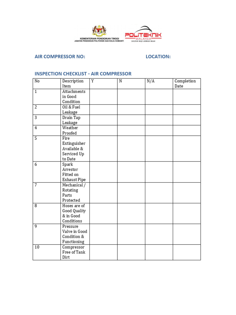 Air Compressor Inspection Checklist | PDF